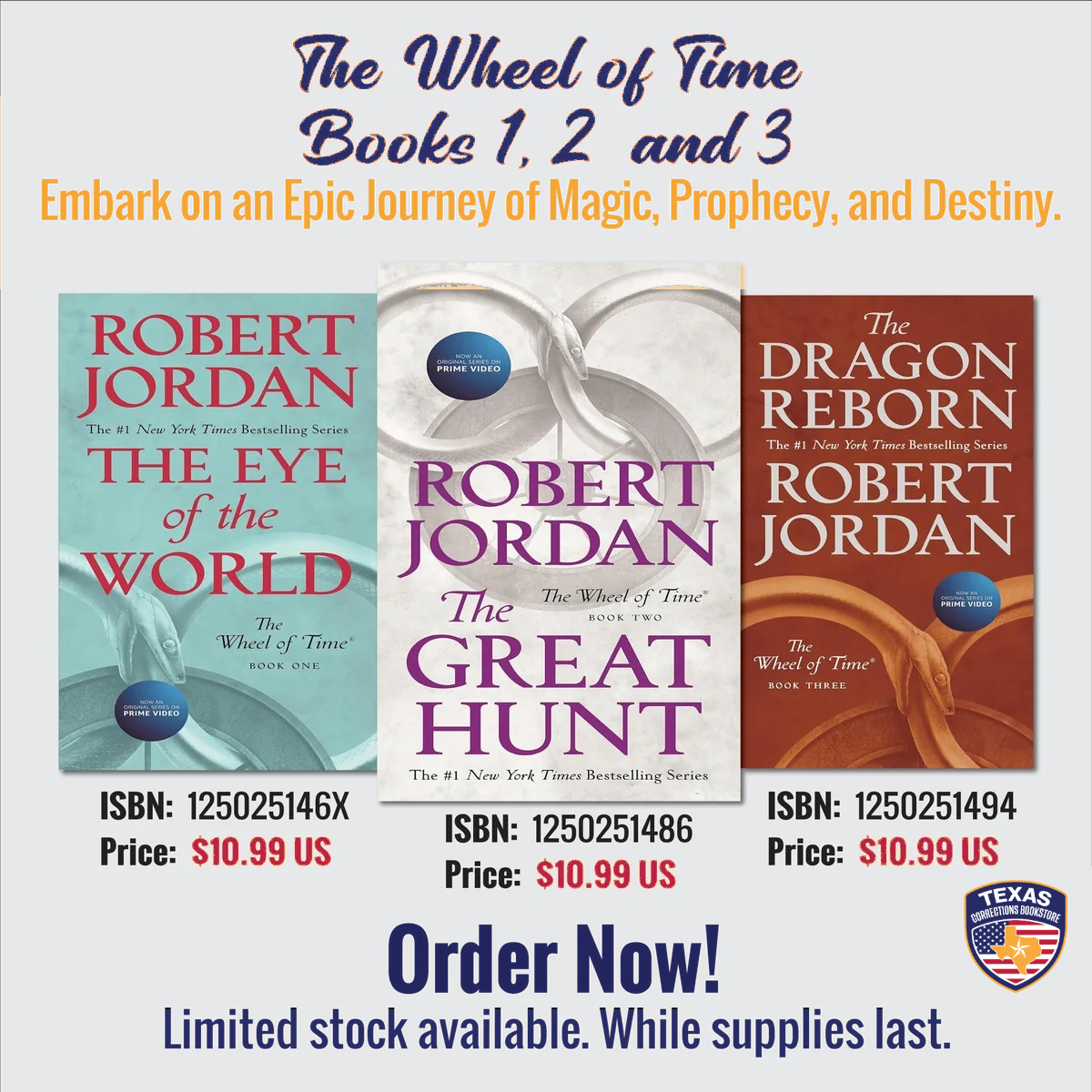 The Wheel of Time bundle flyer featuring The Eye of the World, The Great Hunt, and The Dragon Reborn by Robert Jordan