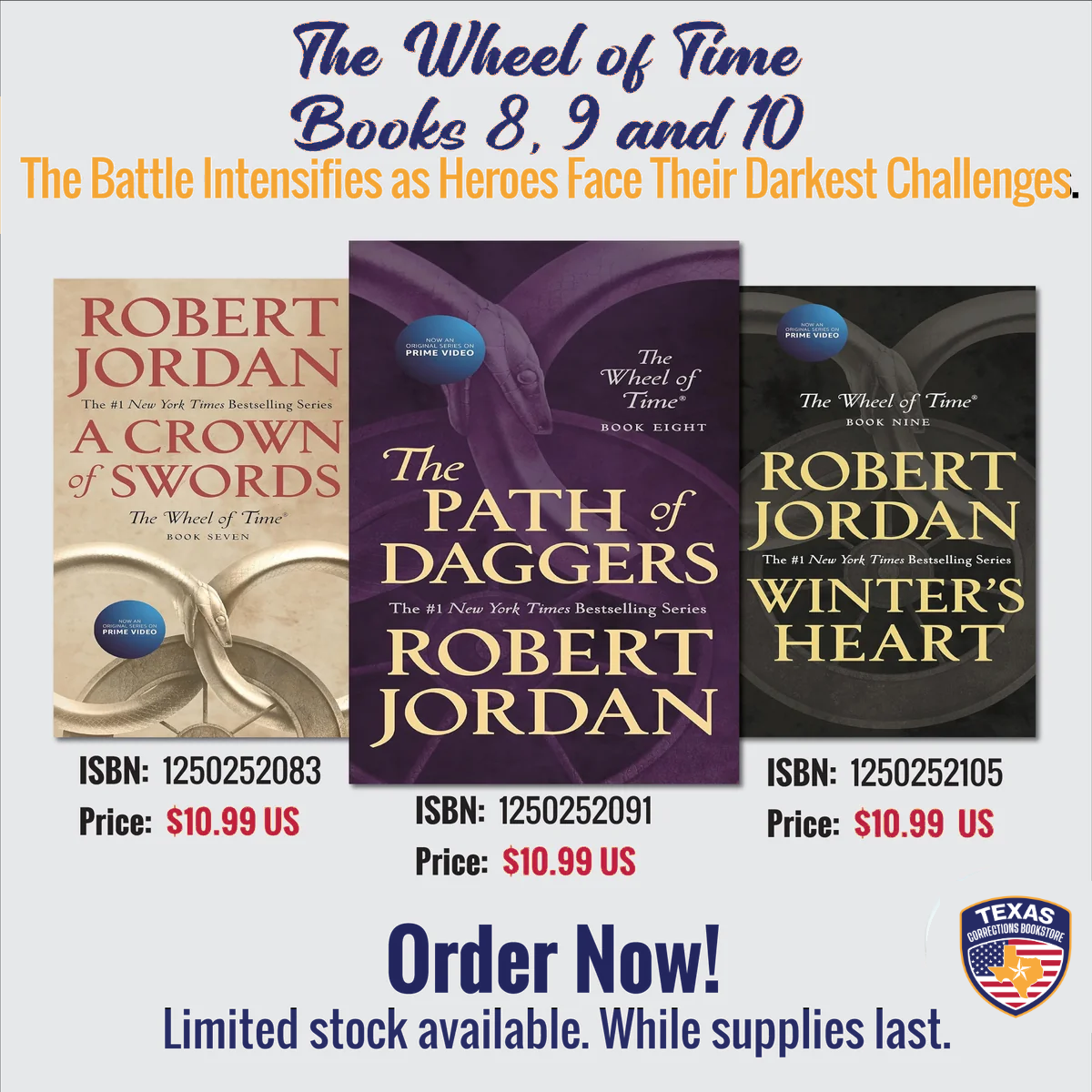 Flyer picturing A Crown of Swords, The Path of Daggers, and Winter's Heart by Robert Jordan; heading incorrectly labels them Books 8, 9 and 10
