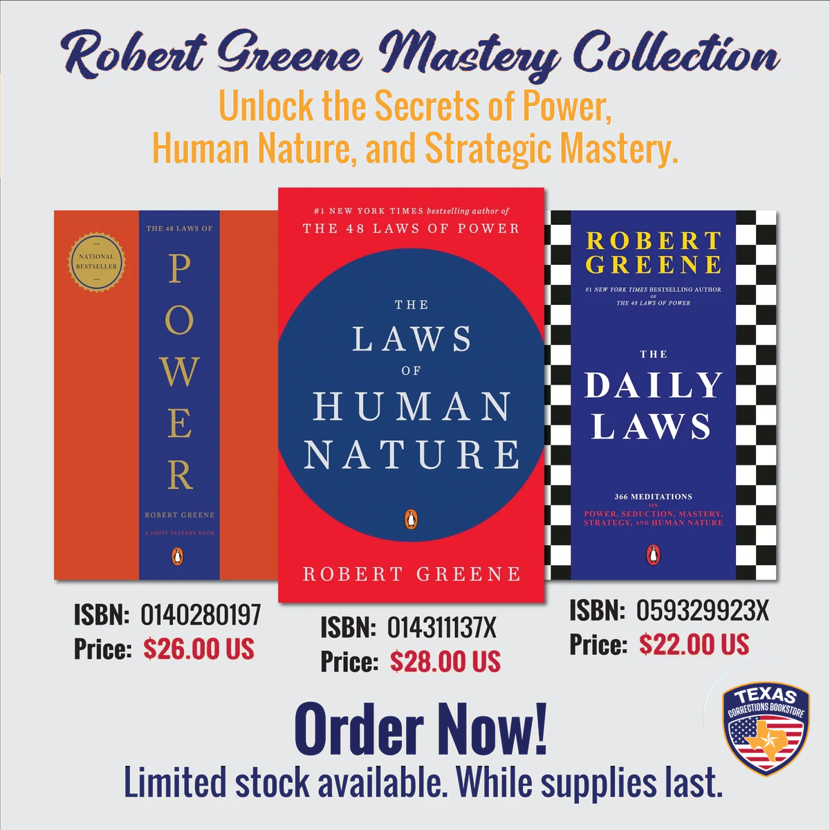 Robert Greene Mastery Collection flyer featuring The 48 Laws of Power, The Laws of Human Nature, and The Daily Laws