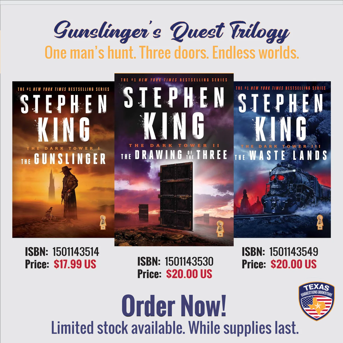 Gunslinger's Quest Trilogy flyer featuring The Gunslinger, The Drawing of the Three, and The Waste Lands by Stephen King