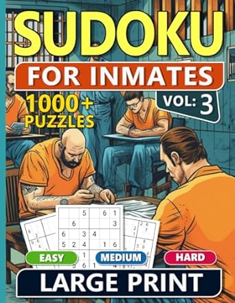 Paperback 1000 Sudoku for Inmates Men Volume 3 with easy, medium, hard puzzles and solutions for adults and puzzle enthusiasts.