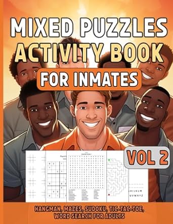 Paperback mixed puzzles activity book for inmates with hangman, mazes, Sudoku, tic tac toe, and word search for adult relaxation.