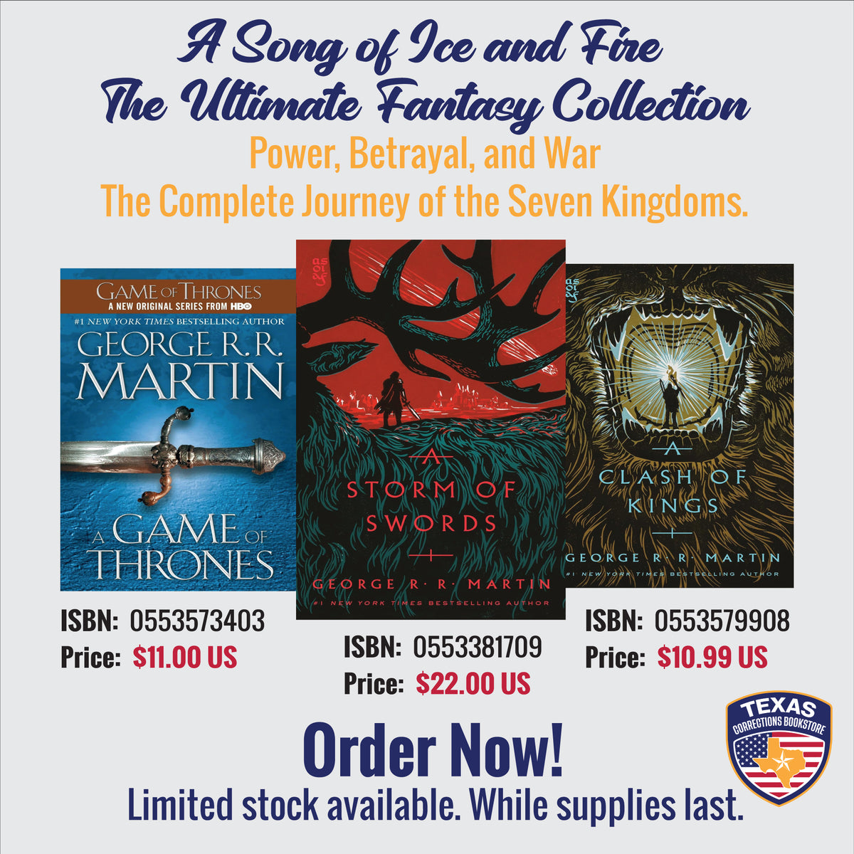 A Song of Ice and Fire Books 1–3 bundle by George R. R. Martin, featuring three fantasy novels