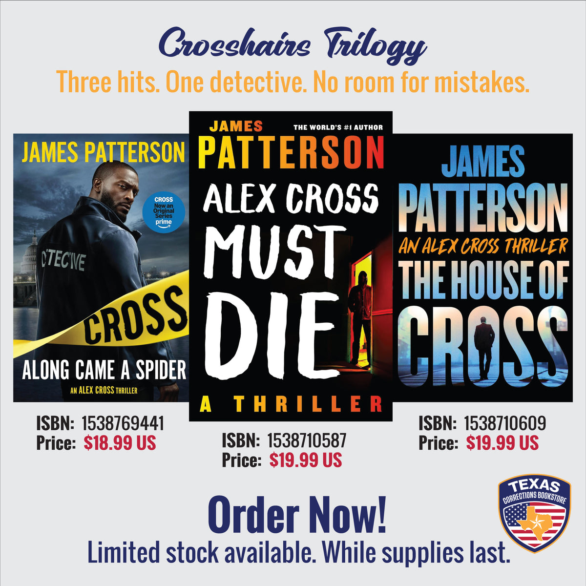 James Patterson Crosshairs trilogy book bundle featuring Along Came a Spider, Alex Cross Must Die, and The House of Cross