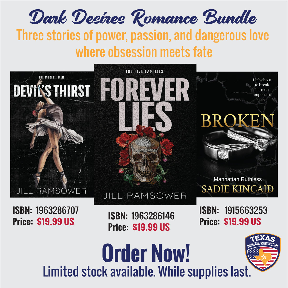 Jill Ramsower Dark Desires Romance book bundle featuring Devil's Thirst, Forever Lies, and Broken
