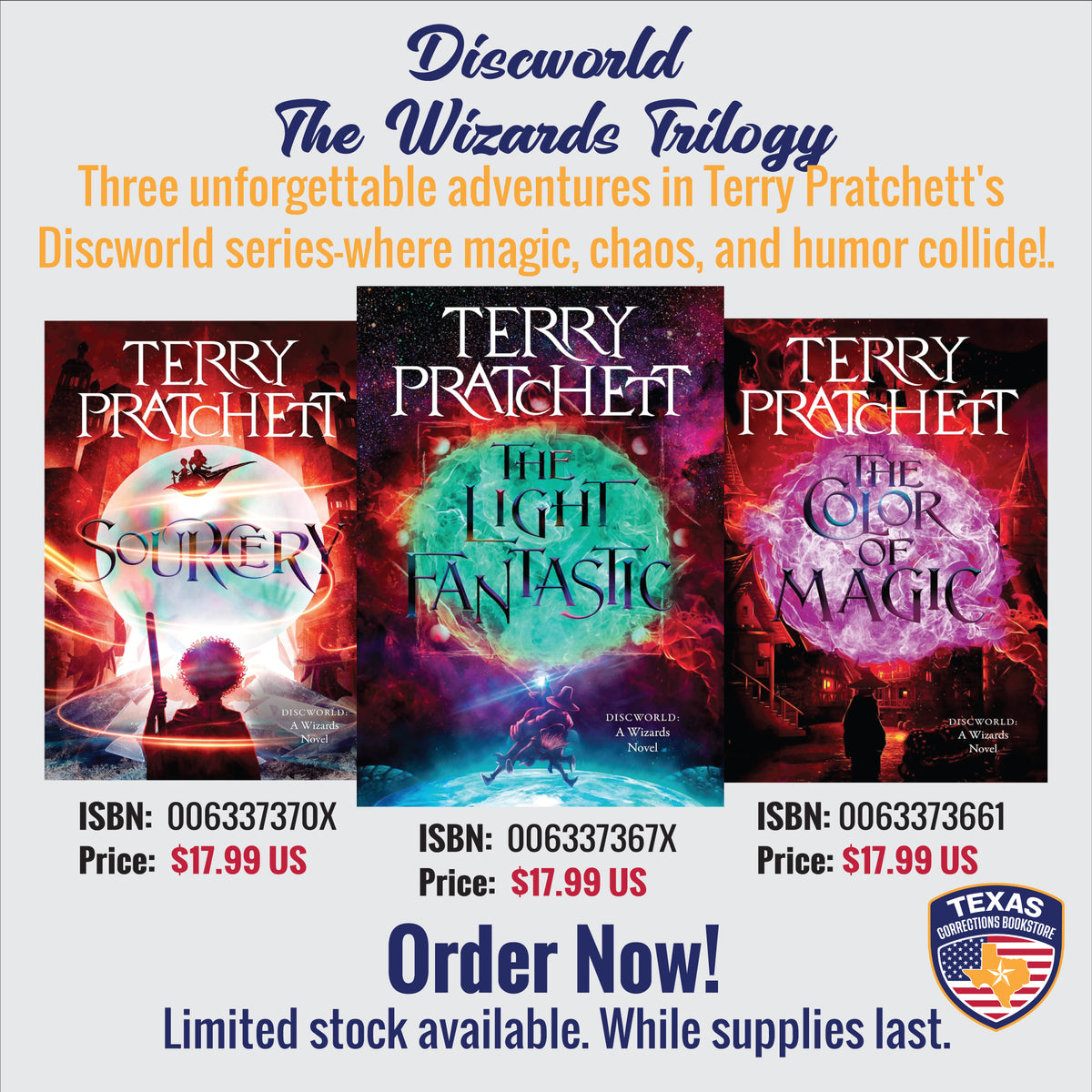 Terry Pratchett Discworld Wizards Books 1–3 bundle: The Color of Magic, The Light Fantastic and Sourcery books