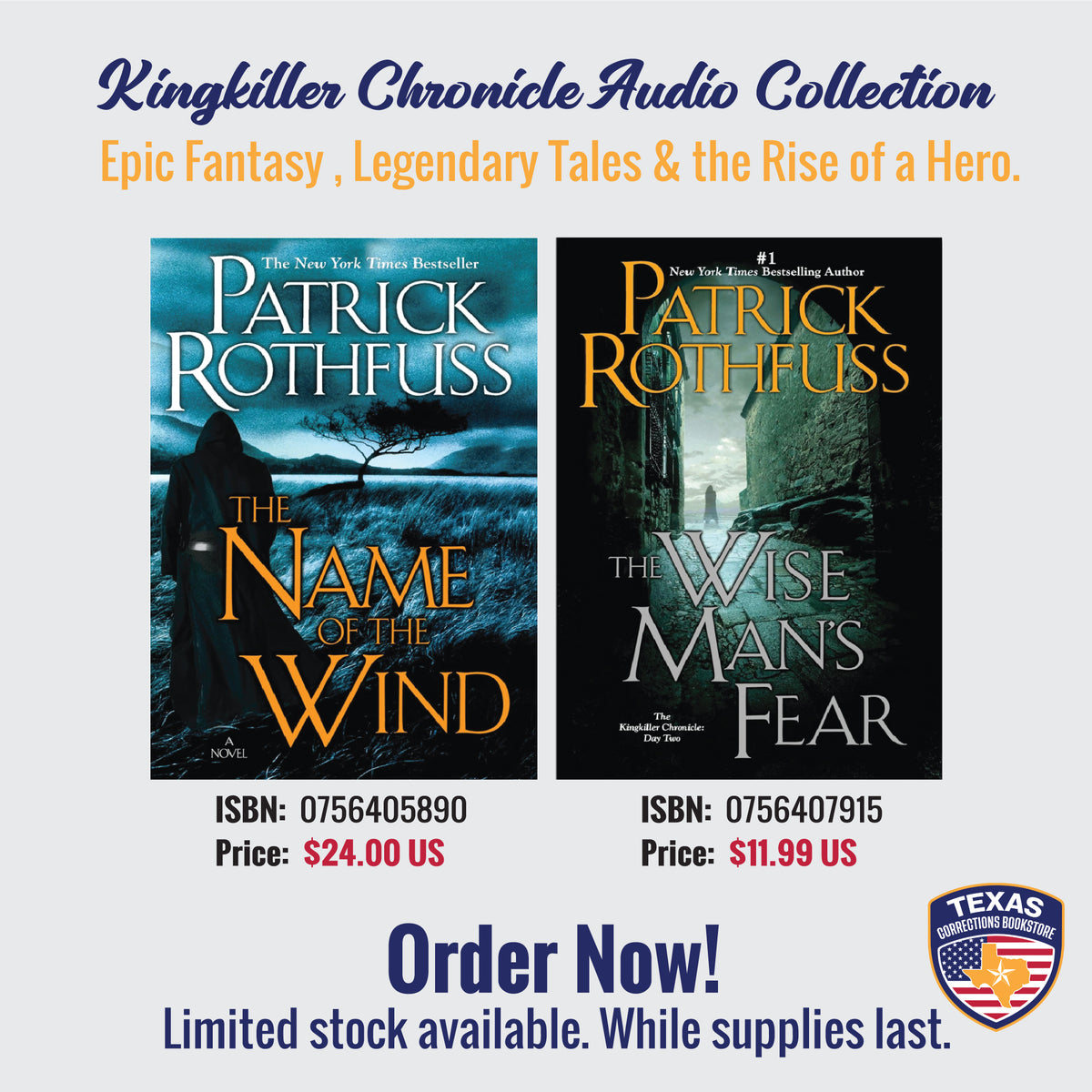 Patrick Rothfuss Kingkiller Chronicle books 1–2 bundle: The Name of the Wind and The Wise Man's Fear covers