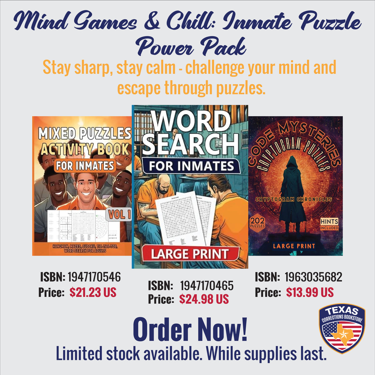 Mind Games & Chill inmate puzzle power pack, three-book activity bundle from various publishers