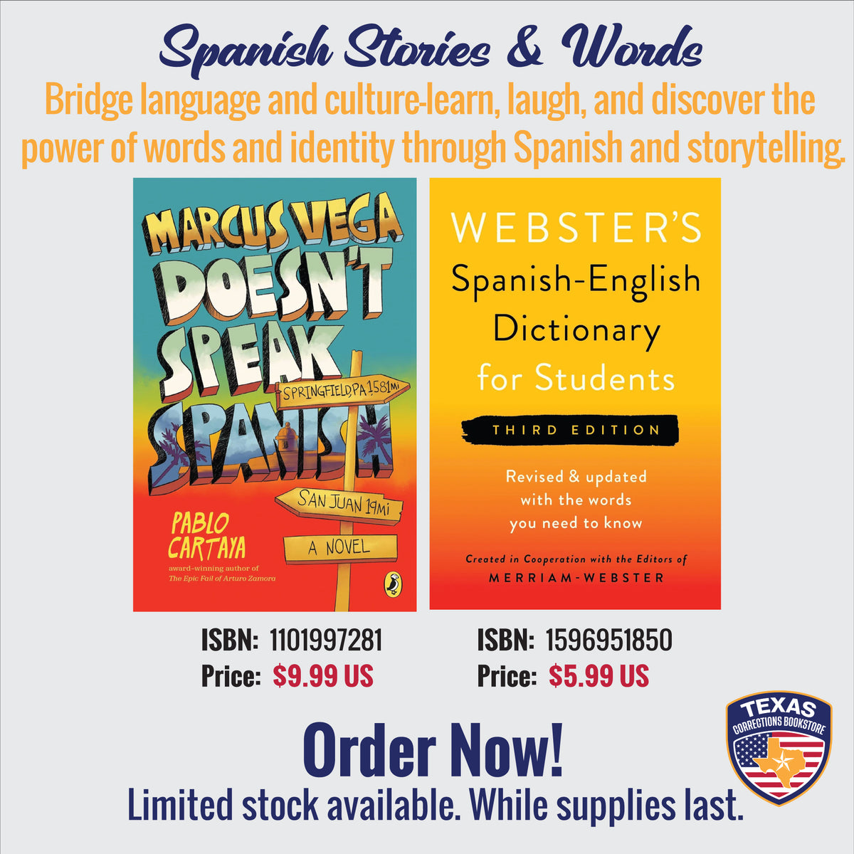 Spanish Stories & Words bundle featuring Marcus Vega Doesn't Speak Spanish and Webster's Dictionary by Pablo Cartaya