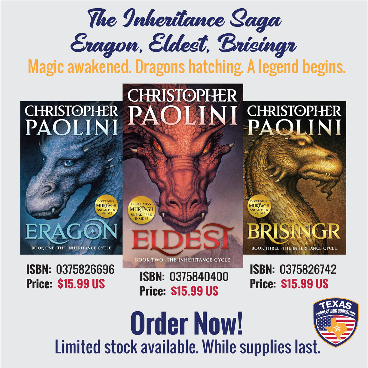 The Inheritance Saga Books 1–3 bundle by Christopher Paolini: Eragon, Eldest and Brisingr paperbacks