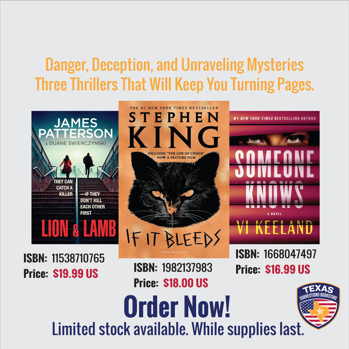 James Patterson Thrillers, Mysteries & Secrets book bundle featuring Lion & Lamb, If It Bleeds, and Someone Knows