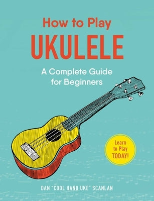 Paperback book titled "How to Play Ukulele" by Adams Media Corporation, featuring a cover with ukulele imagery and instructional text.