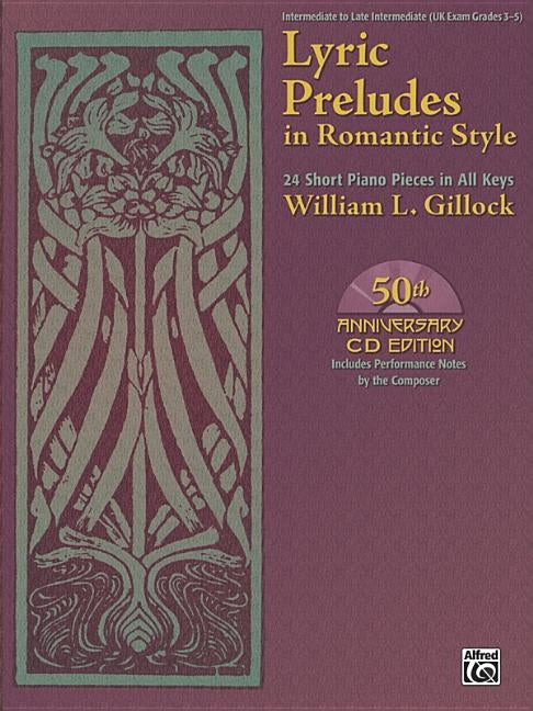 Paperback book titled "Lyric Preludes in Romantic Style" with online audio and CD, featuring 24 short piano pieces in all keys by Alfred Music.