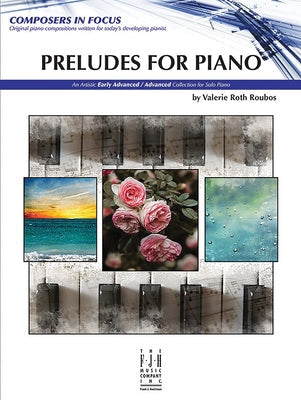 Paperback Alfred Music Preludes for Piano book with sheet music pages open, showcasing musical notation.