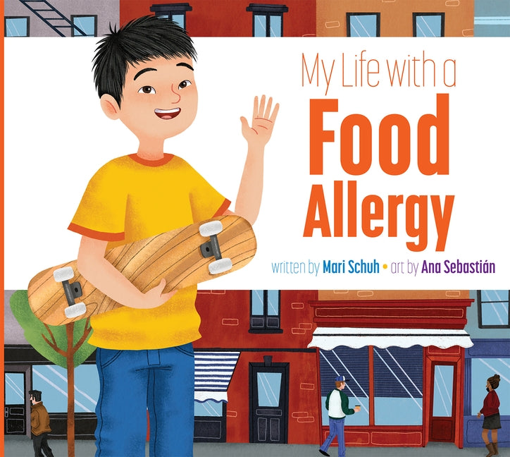 Library binding book titled "My Life with a Food Allergy" by Amicus Learning, featuring a cover with colorful illustrations.