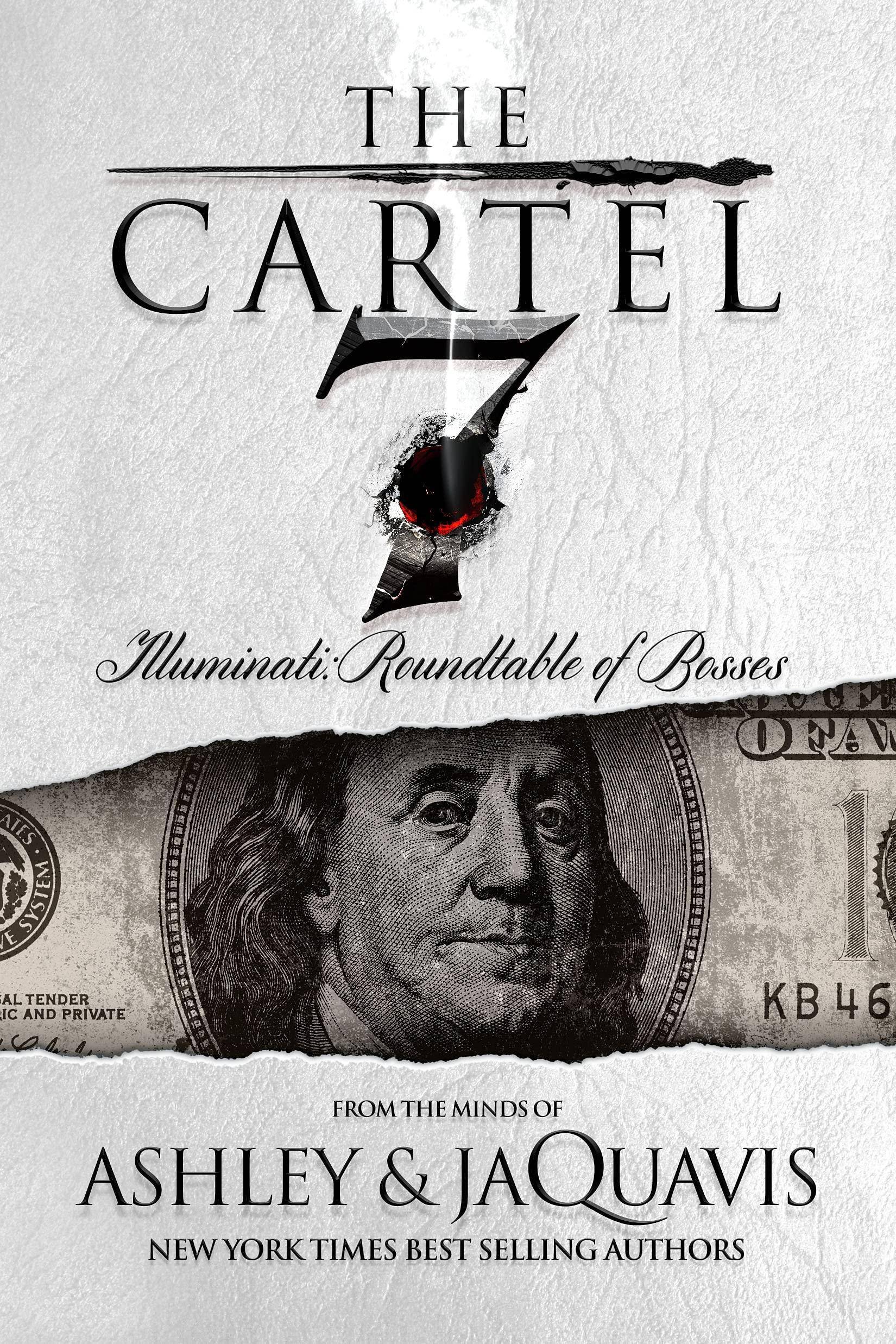 Book cover for "The Cartel 7: Illuminati" by Ashley JaQuavis, featuring a roundtable of bosses in a shadowy setting.
