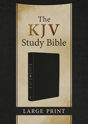 Large print KJV Study Bible in black genuine leather cover by Barbour Publishing, showing detailed leather texture and gold-edged pages.