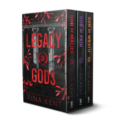 Paperback boxed set of Legacy of Gods Series by Bloom Books, including God of Malice, God of Pain, and God of Wrath.
