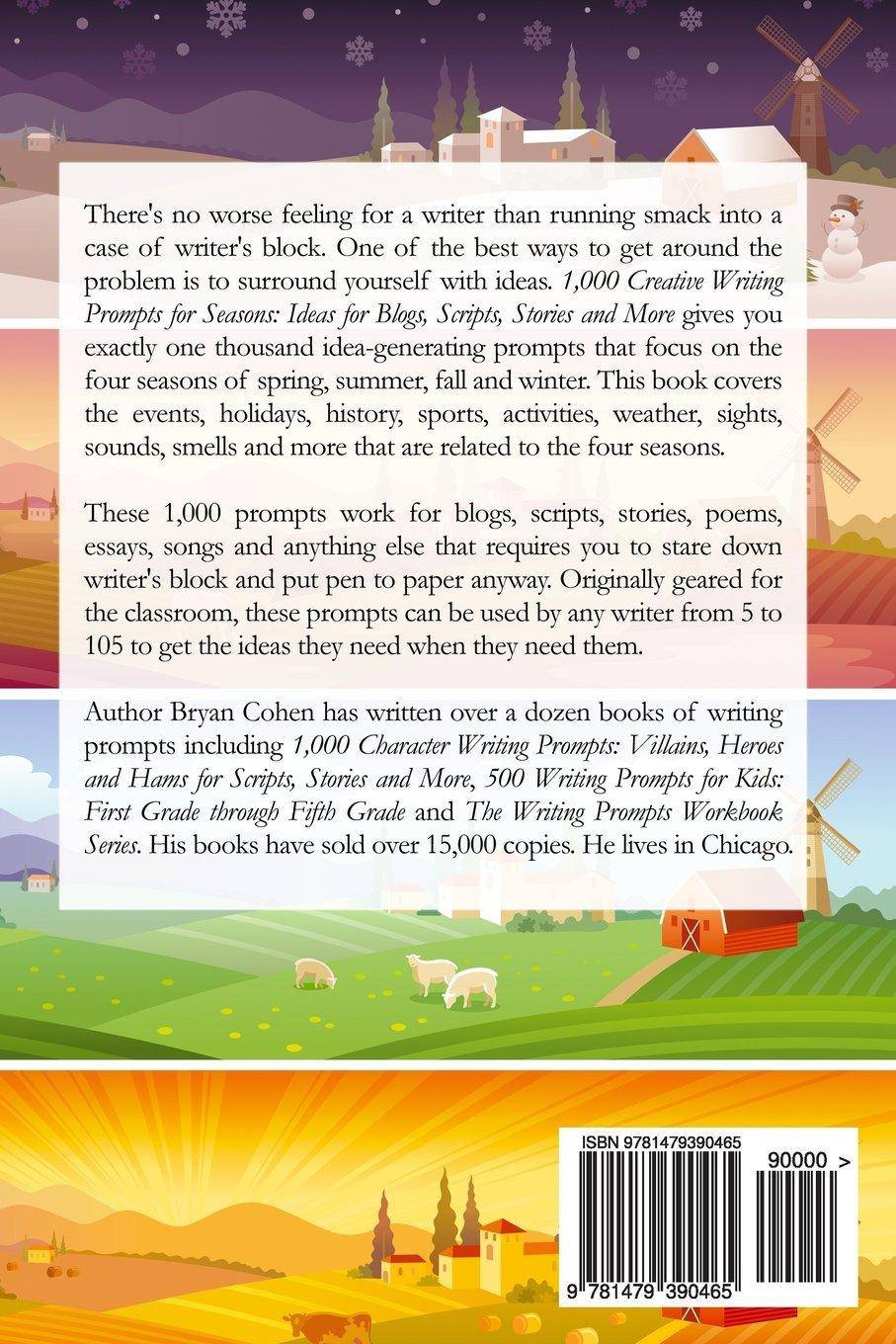 Creative writing prompts for seasons by Bryan Cohen, featuring ideas for blogs and storytelling in a visually appealing cover design.