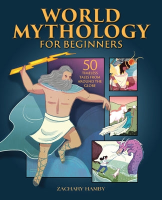 Paperback book titled "World Mythology for Beginners" by Callisto, featuring colorful cover art with mythological symbols.