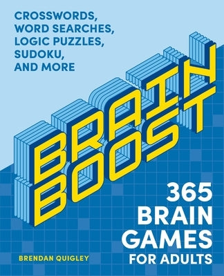 Paperback book titled "Brain Boost: 365 Brain Games for Adults" with crossword puzzles, Sudoku, word searches, and logic puzzles.