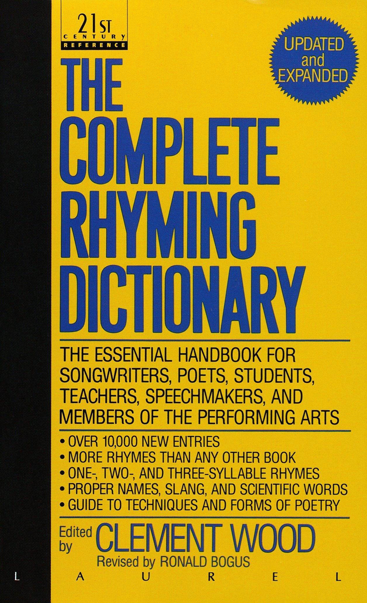 The Complete Rhyming Dictionary by Clement Wood, a book on words, language, and grammar, featuring a white cover with black text.