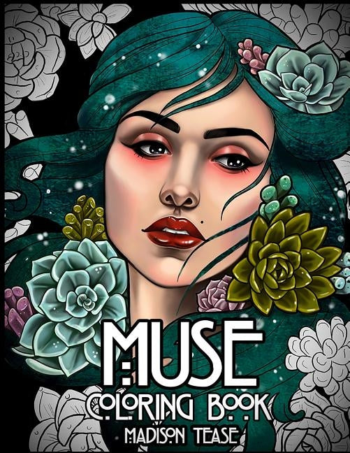 Paperback coloring book titled "Muse" featuring female portraits, floral designs, and magical illustrations by Createspace Independent.