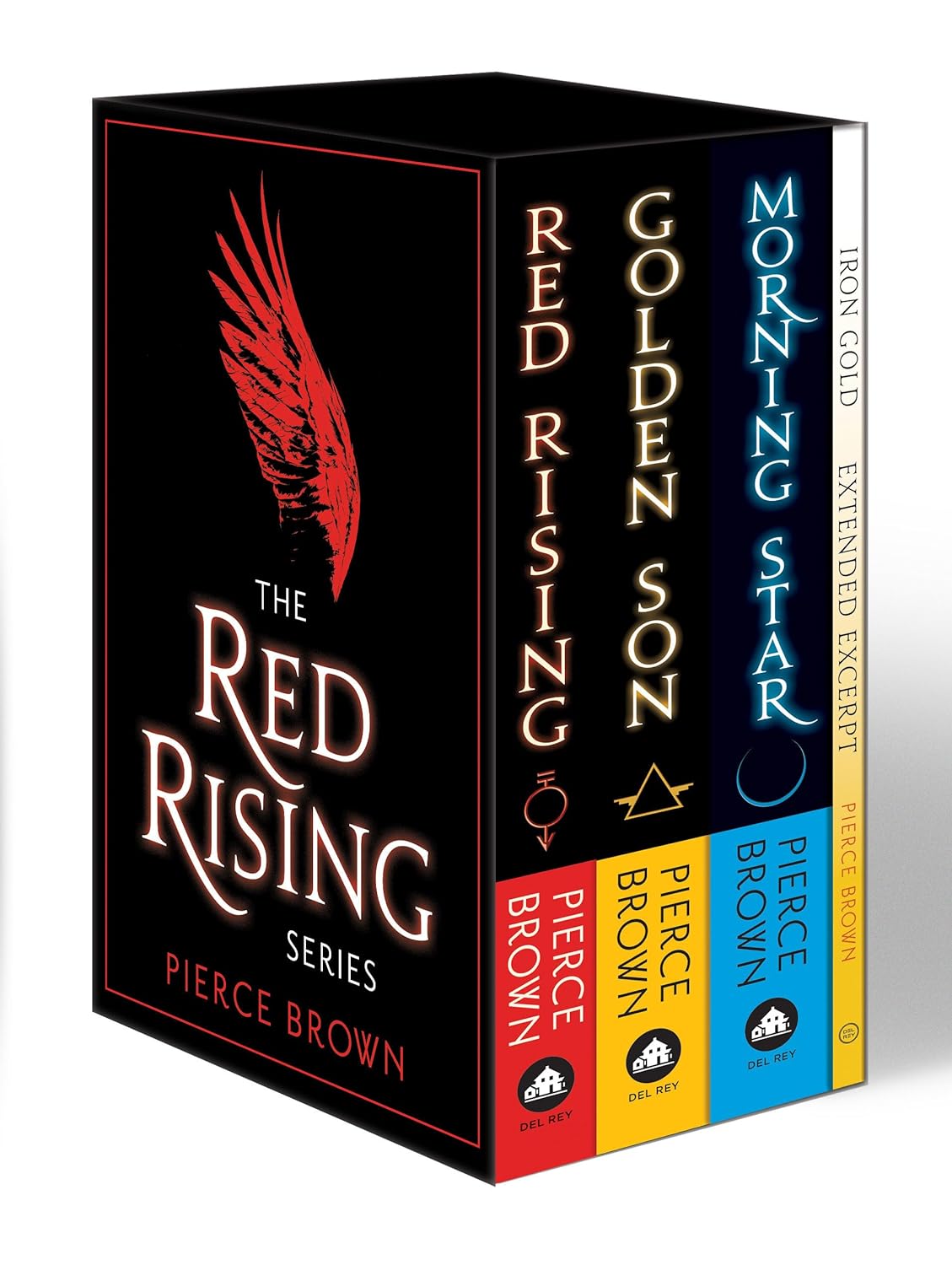 Red Rising 3-book paperback box set by Del Rey Books featuring Red Rising, Golden Son, Morning Star, and an exclusive Iron Gold excerpt.