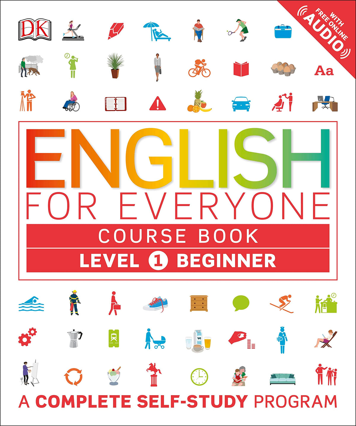 Paperback English for Everyone Level 1 Course Book by DK, beginner English language learning guide with colorful cover design.
