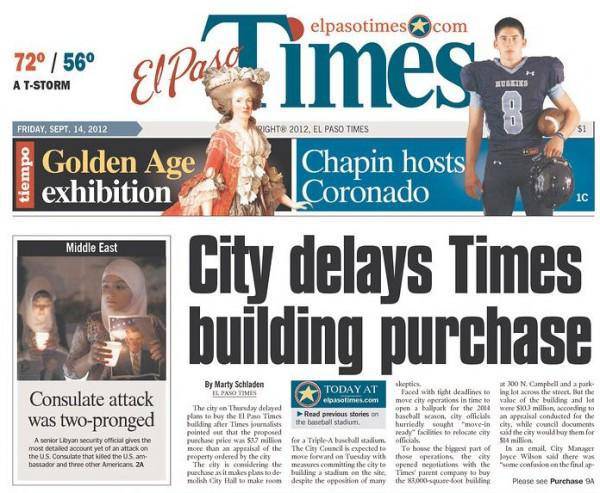 El Paso Times newspaper showing daily delivery schedule for 12 weeks, featuring the headline and masthead on the front page.
