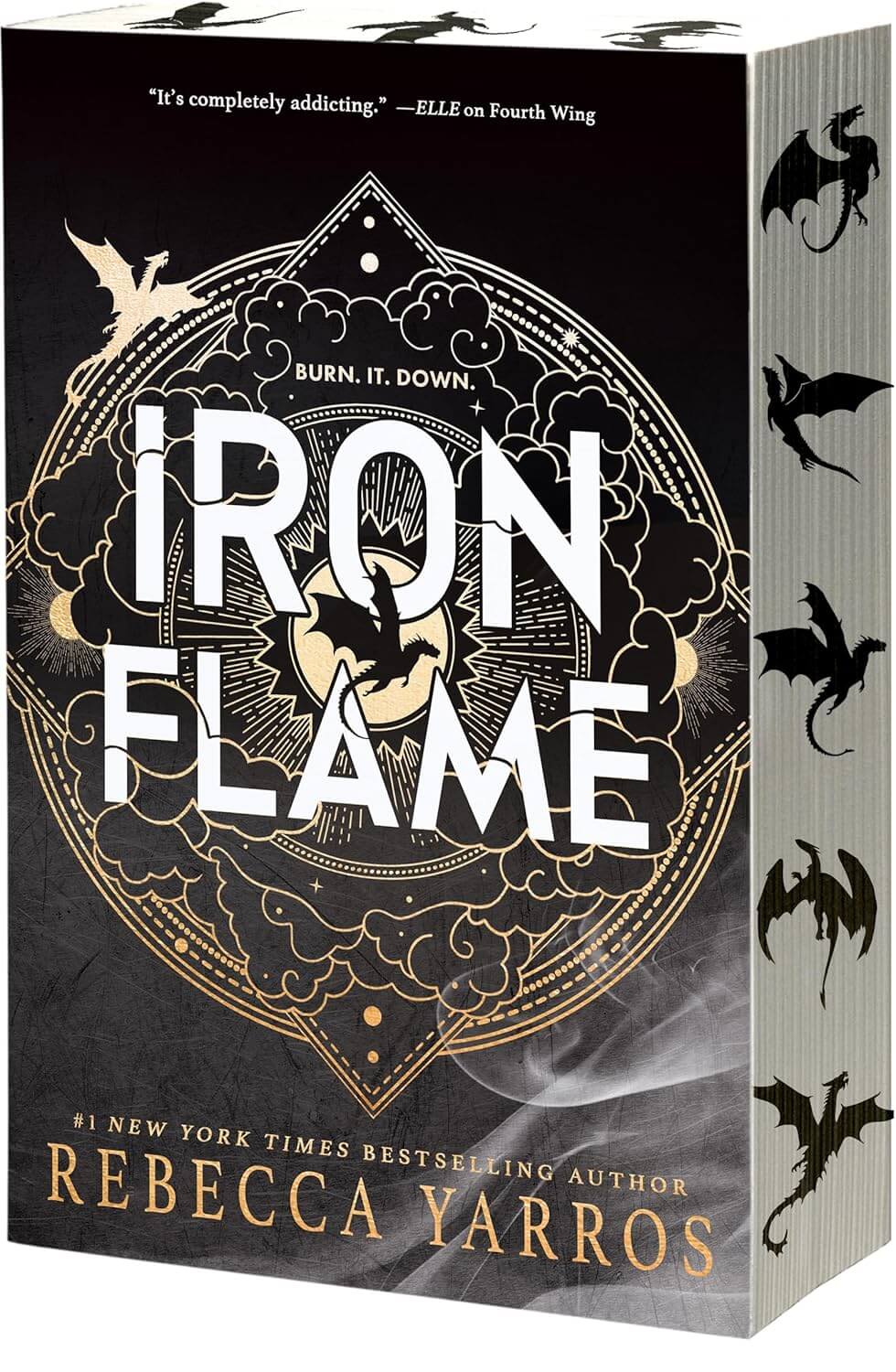 Paperback copy of Iron Flame by Entangled Red Tower Books featuring a dark and fiery cover design.