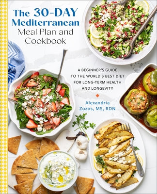 Paperback cookbook titled "The 30-Day Mediterranean Meal Plan" with colorful food images on the cover by Fair Winds Press.
