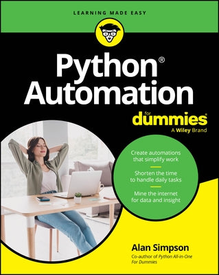 Paperback book titled "Python Automation for Dummies" by For Dummies, featuring a cover with Python and automation graphics.