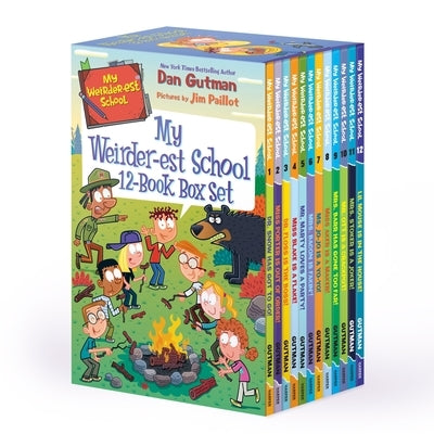 Set of 12 paperback books from the My Weirder-Est School series by HarperCollins, featuring colorful covers and playful illustrations.