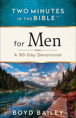 Paperback copy of "Two Minutes in the Bible for Men" 90-day devotional by Harvest House Publishers, featuring a Bible-themed cover.