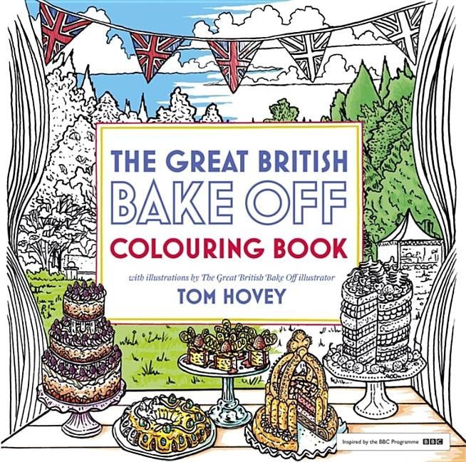 Paperback Great British Bake Off Colouring Book by Hodder & Stoughton featuring baking-themed illustrations for coloring.