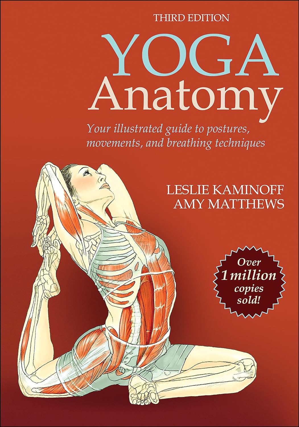 Paperback Yoga Anatomy book by Human Kinetics Publishers showing detailed illustrations of yoga poses and muscles.