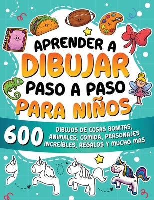Paperback book cover titled "Aprender a dibujar paso a paso para niños" with colorful illustrations of animals, food, and characters.