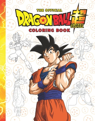 Coloring book featuring Dragon Ball Super characters, paperback edition by Scholastic Inc., with illustrated pages of manga scenes and characters.
