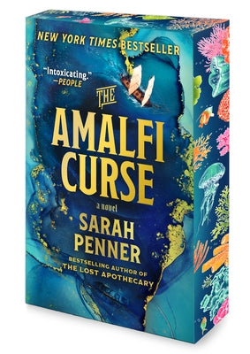 Paperback of The Amalfi Curse by Park Row featuring cover art of sunken treasure, ancient magic, and a romantic seaside scene.