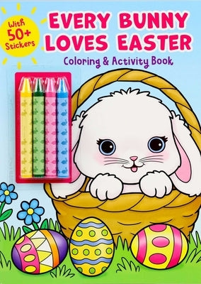Colorful Easter-themed activity book for kids with illustrations, crayons, and stickers, featuring a bunny on the cover.