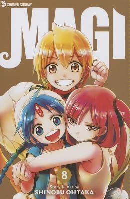 Paperback of Magi: The Labyrinth of Magic, Vol. 8 manga by Viz Media featuring colorful cover art with characters in dynamic poses.