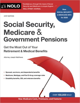 Paperback book titled "Social Security, Medicare & Government Pensions" by NOLO, focusing on retirement and medical benefits.