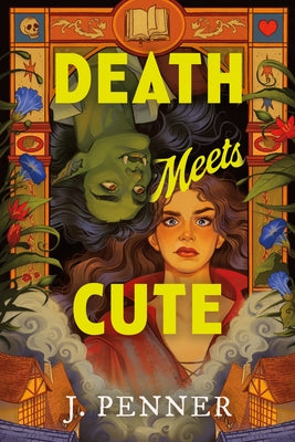 Paperback of "Death Meets Cute" by Poisoned Pen Press, featuring the book cover with dark, whimsical artwork.