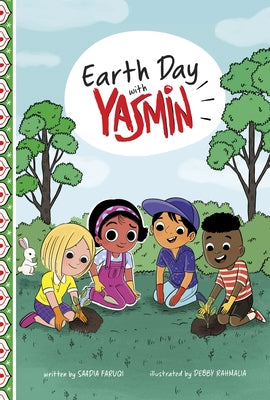 Paperback book titled "Earth Day with Yasmin" by Picture Window Books, showing a colorful cover illustration featuring Yasmin.