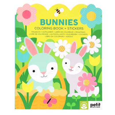 Petite Collage Bunnies coloring book with stickers, paperback featuring adorable bunny illustrations for kids.