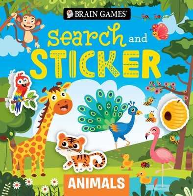Paperback Brain Games Search and Sticker book for kids ages 3-6 featuring animal images and engaging sticker activities.