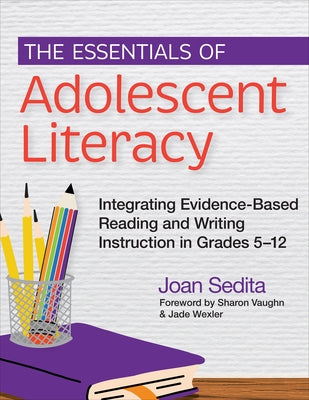 Paperback book titled "The Essentials of Adolescent Literacy" by Brookes Publishing Company, focusing on reading and writing instruction.