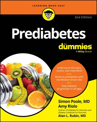 Paperback book titled "Prediabetes for Dummies" by For Dummies, featuring a cover with medical illustrations and title text.