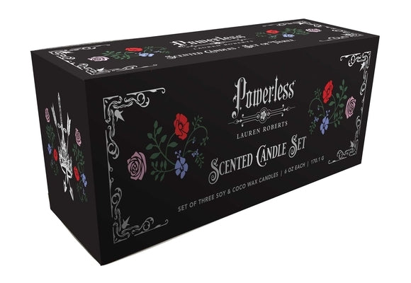 Set of three scented glass candles from the Powerless Trilogy by Lauren Roberts, displayed in a paperback book format.